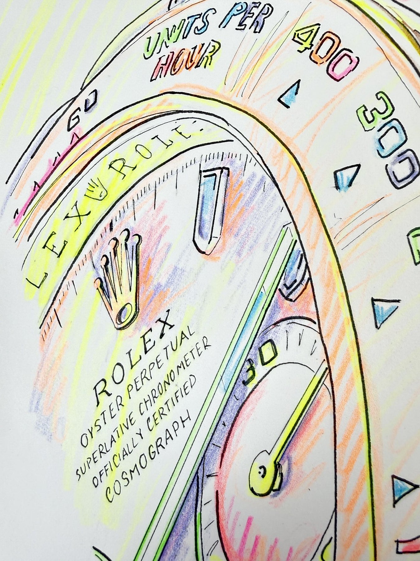 Neon Time — Daytona I detail, close-up of neon colored pencil linework by Francesca Perona