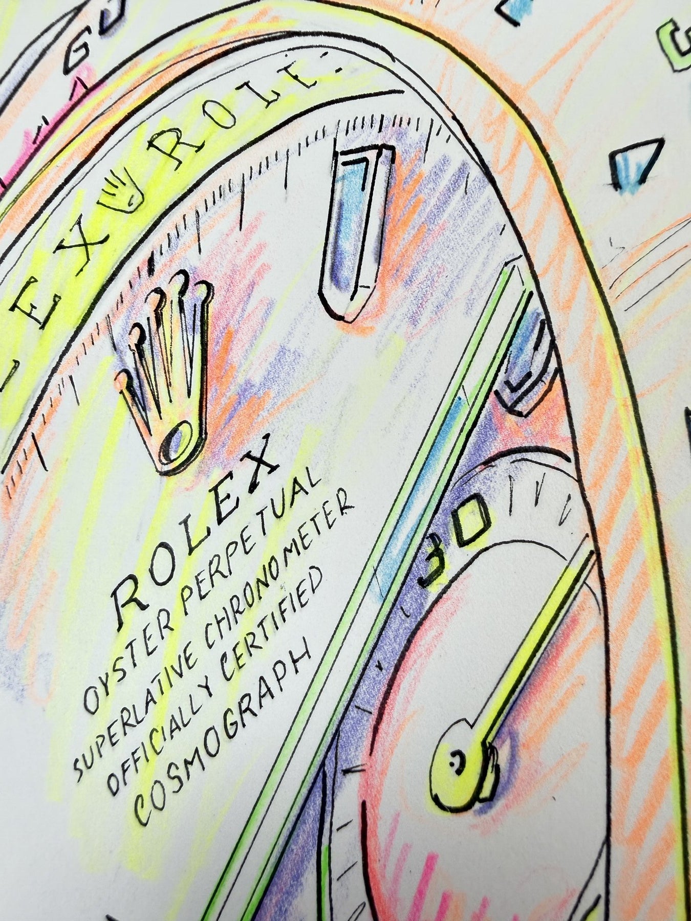 Neon Time — Daytona I detail, close-up of neon colored pencil linework by Francesca Perona
