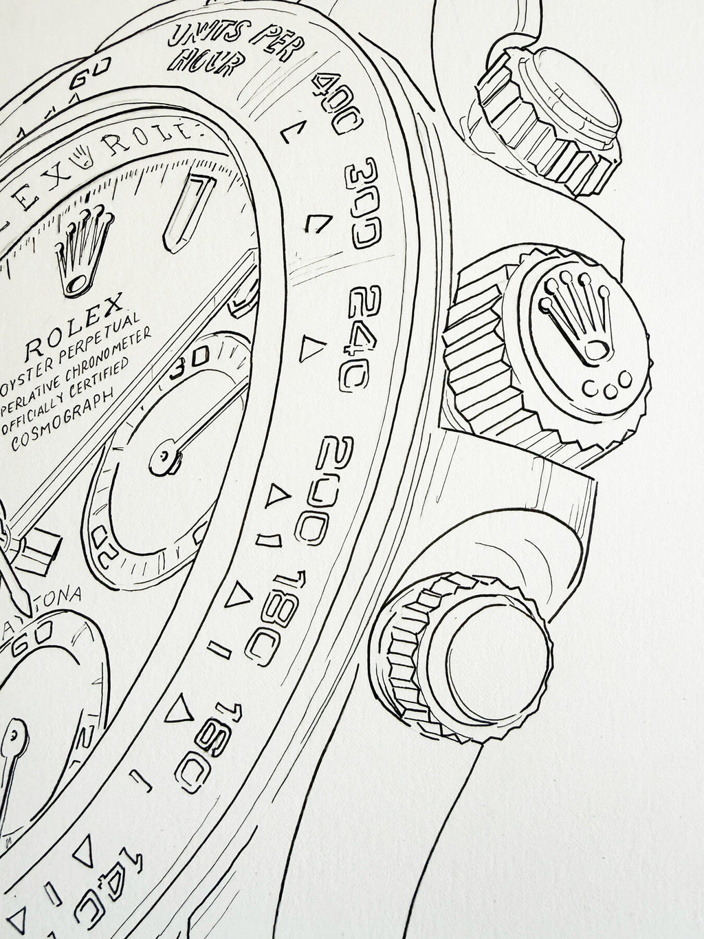 Neon Time — Daytona I detail, close-up of neon colored pencil linework by Francesca Perona