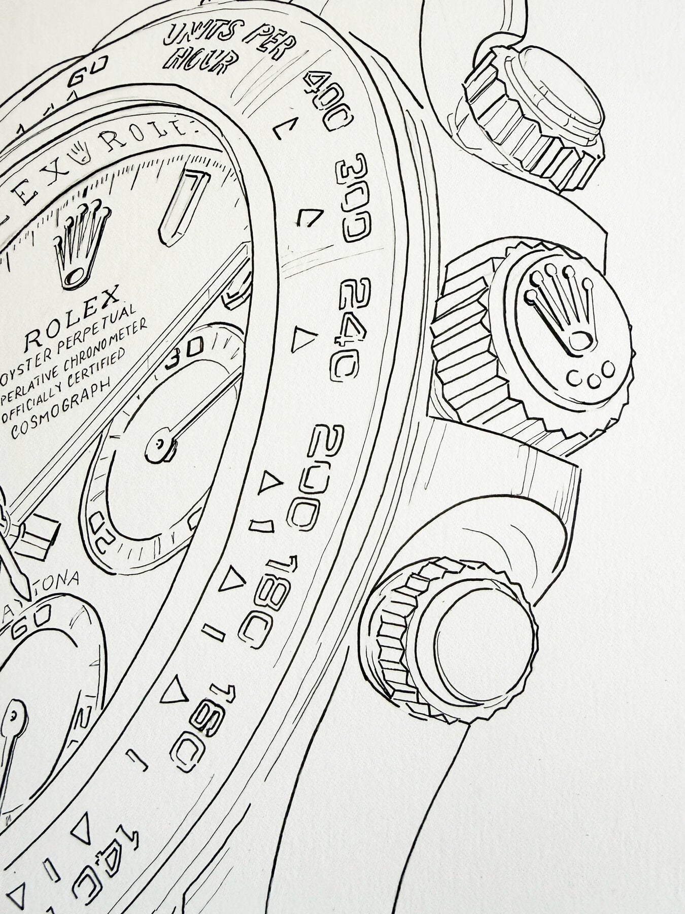 Neon Time — Daytona I detail, close-up of neon colored pencil linework by Francesca Perona