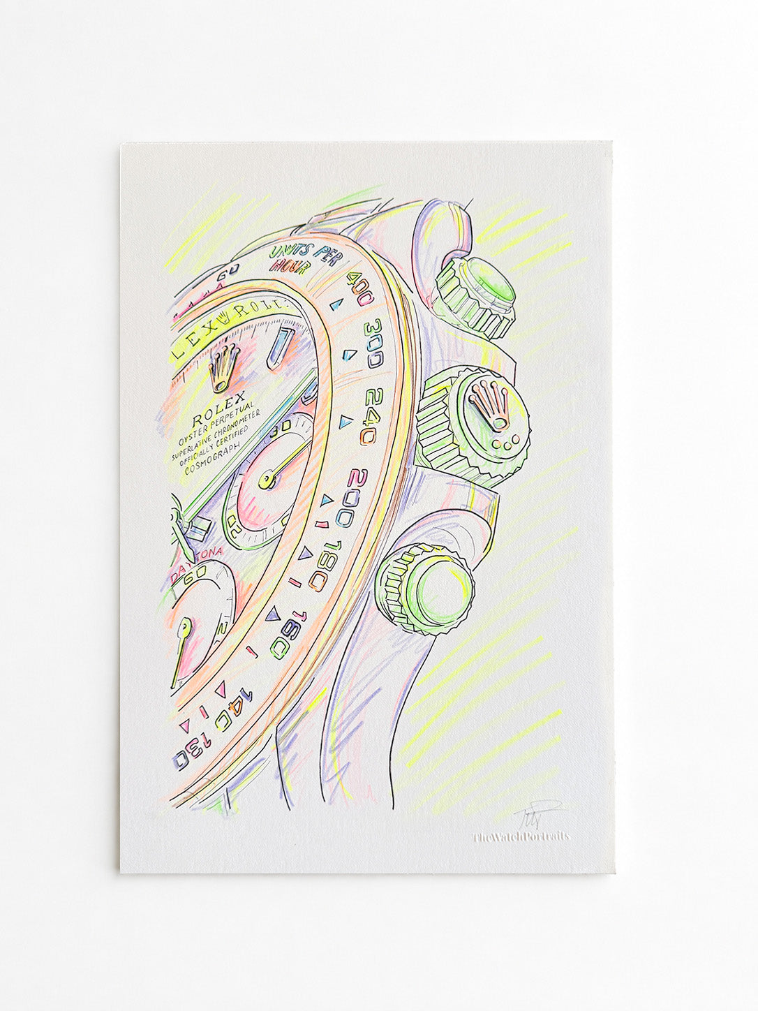 Neon Time — Daytona I, original ink and neon colored pencil artwork by Francesca Perona, lateral crown view