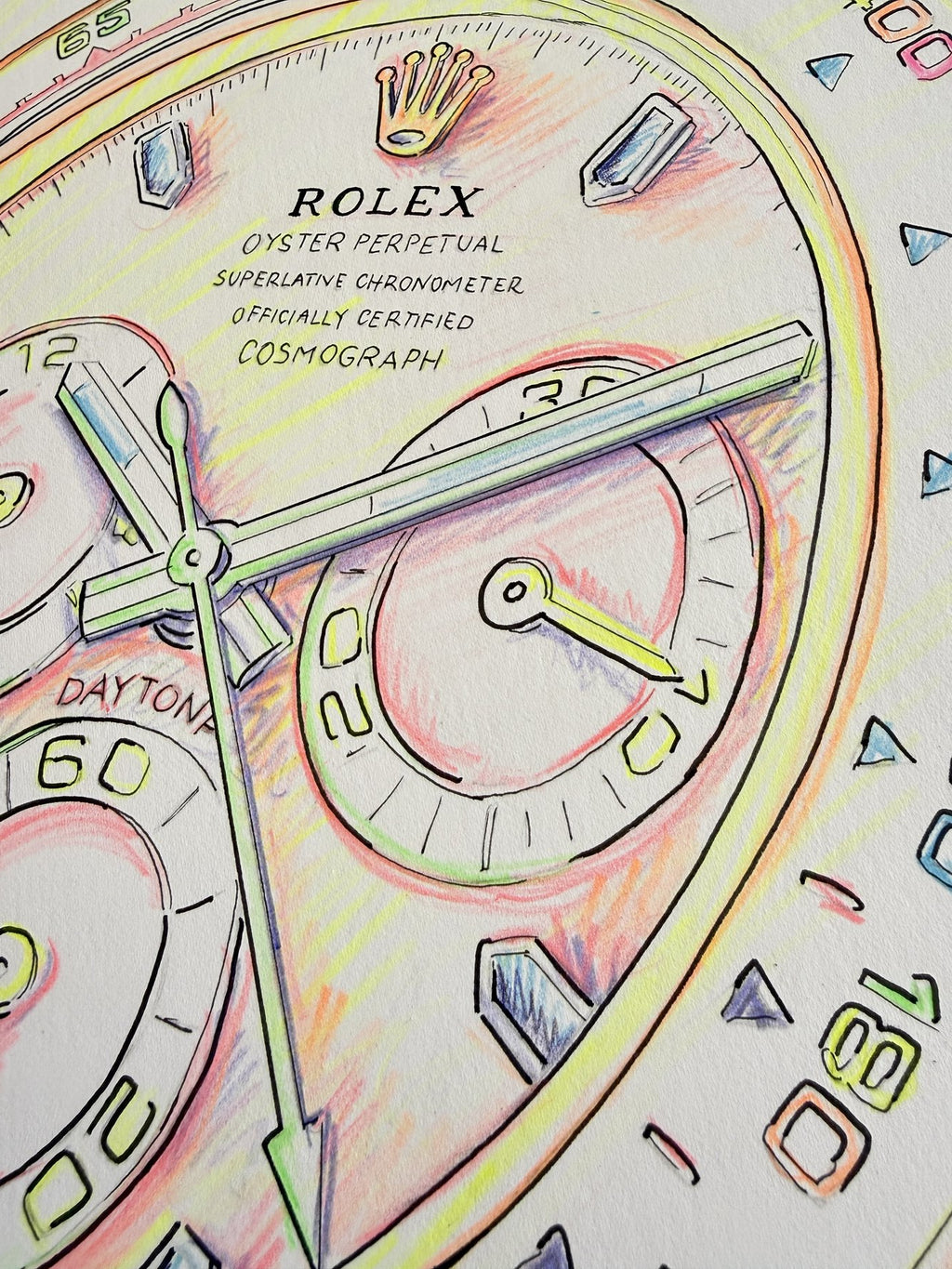 Neon Time — Daytona II detail, close-up of neon colored pencil linework by Francesca Perona