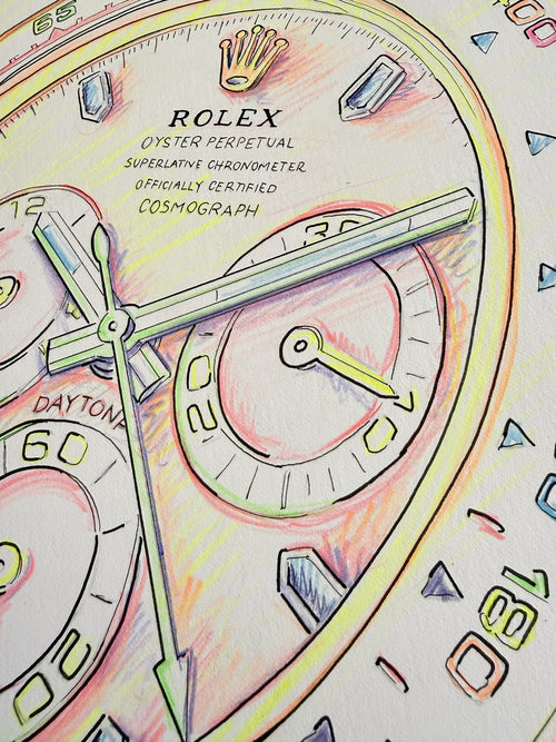 Neon Time — Daytona II detail, close-up of neon colored pencil linework by Francesca Perona