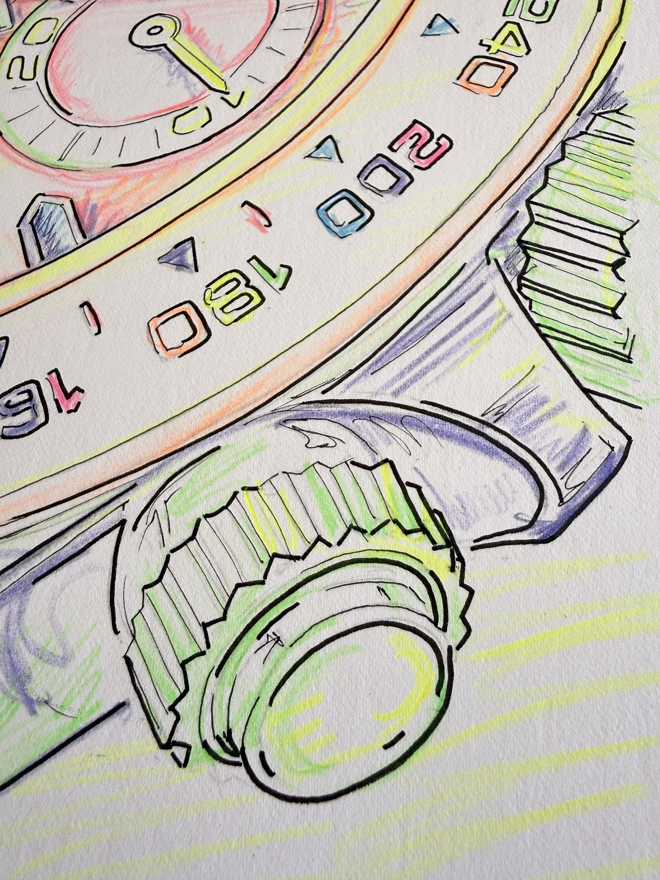 Neon Time — Daytona II detail, close-up of neon colored pencil linework by Francesca Perona