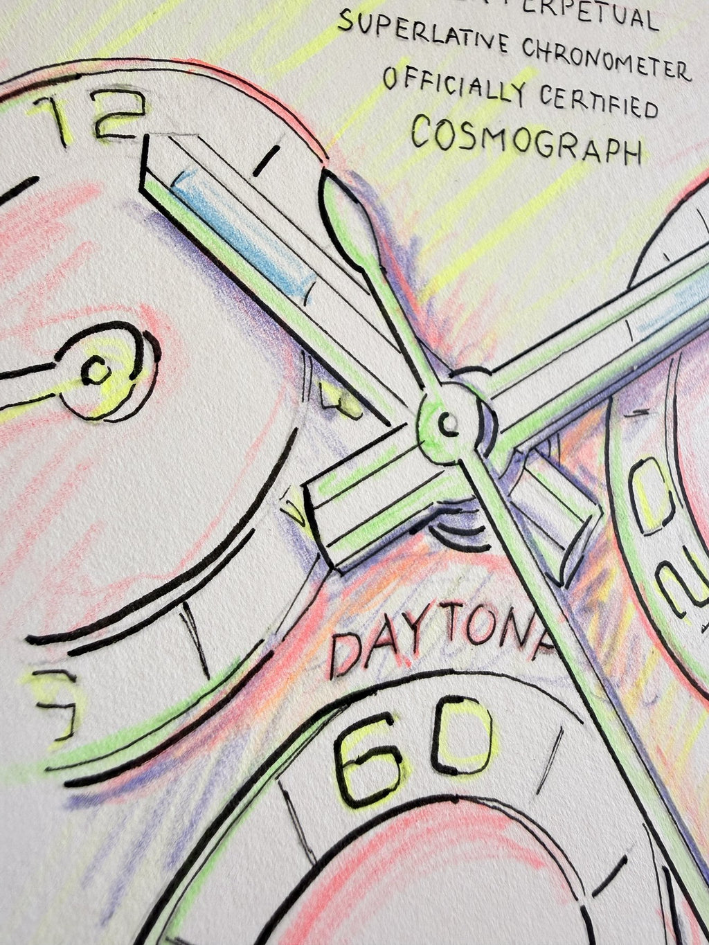 Neon Time — Daytona II detail, close-up of neon colored pencil linework by Francesca Perona
