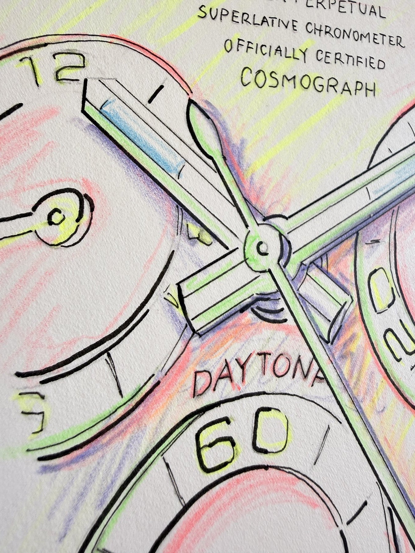 Neon Time — Daytona II detail, close-up of neon colored pencil linework by Francesca Perona