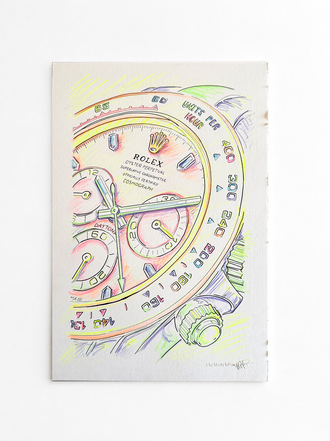 Neon Time — Daytona II, original ink and neon colored pencil artwork by Francesca Perona, three-quarter view