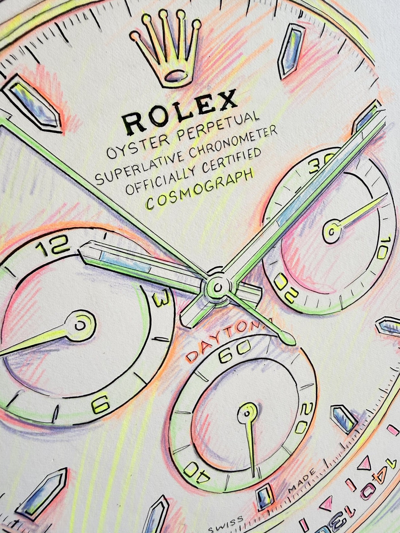 Neon Time — Daytona III detail, close-up of neon colored pencil linework by Francesca Perona