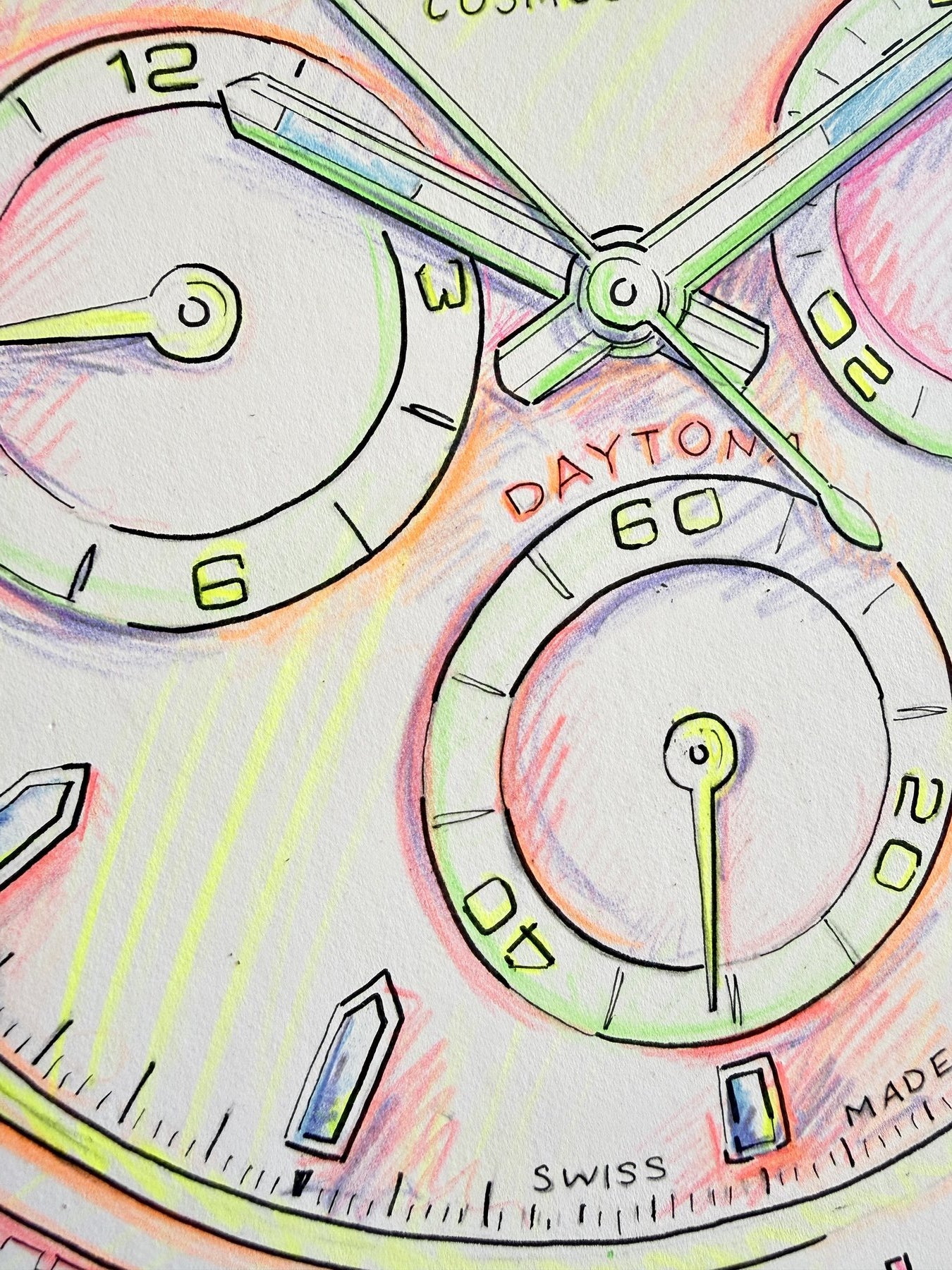 Neon Time — Daytona III detail, close-up of neon colored pencil linework by Francesca Perona