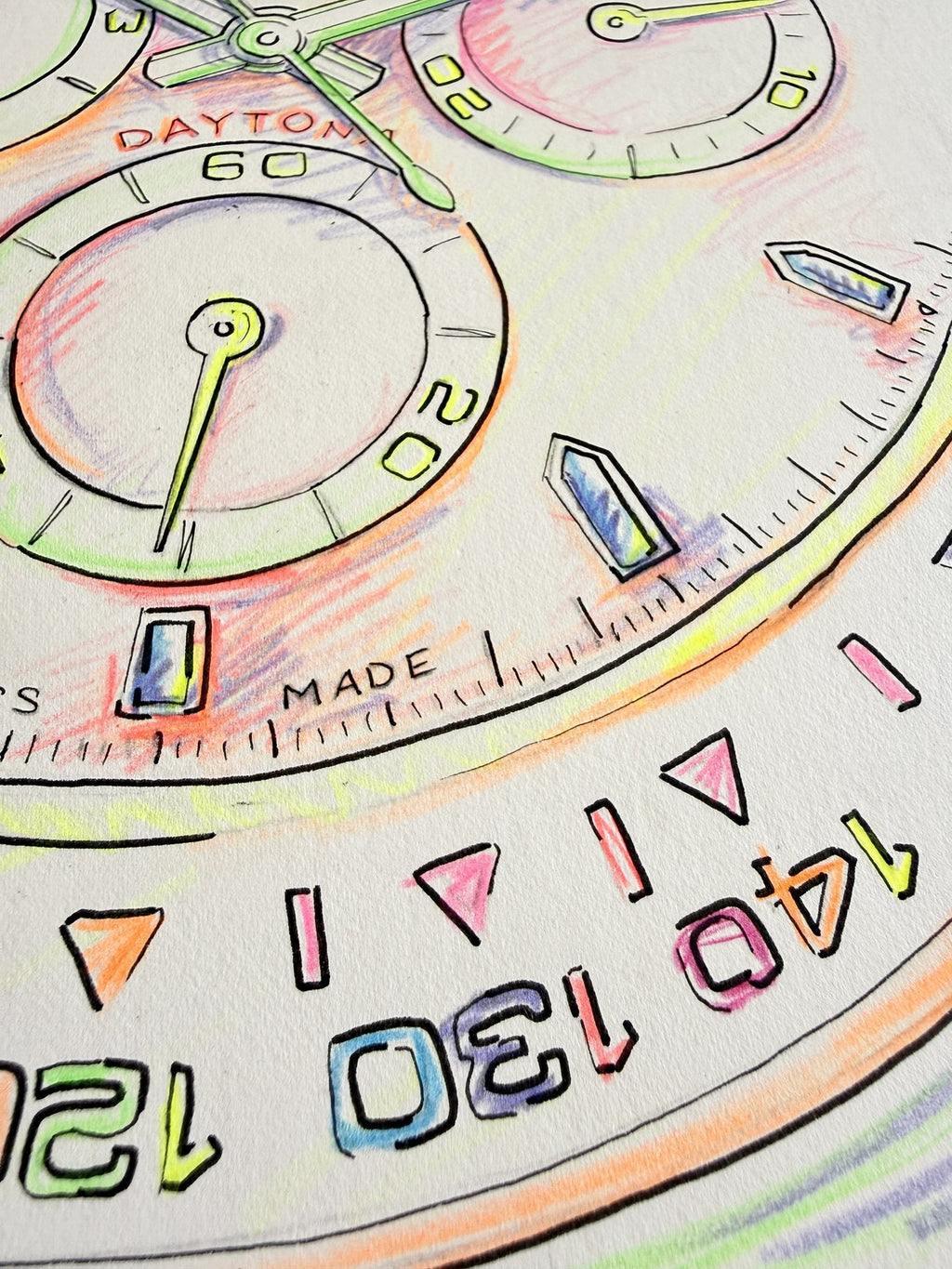 Neon Time — Daytona III detail, close-up of neon colored pencil linework by Francesca Perona