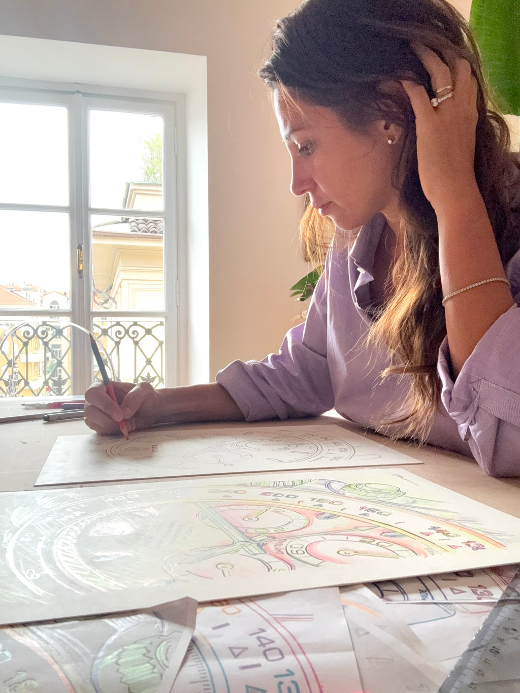 Francesca Perona with the preparatory studies for the Neon Time Series Daytona artworks
