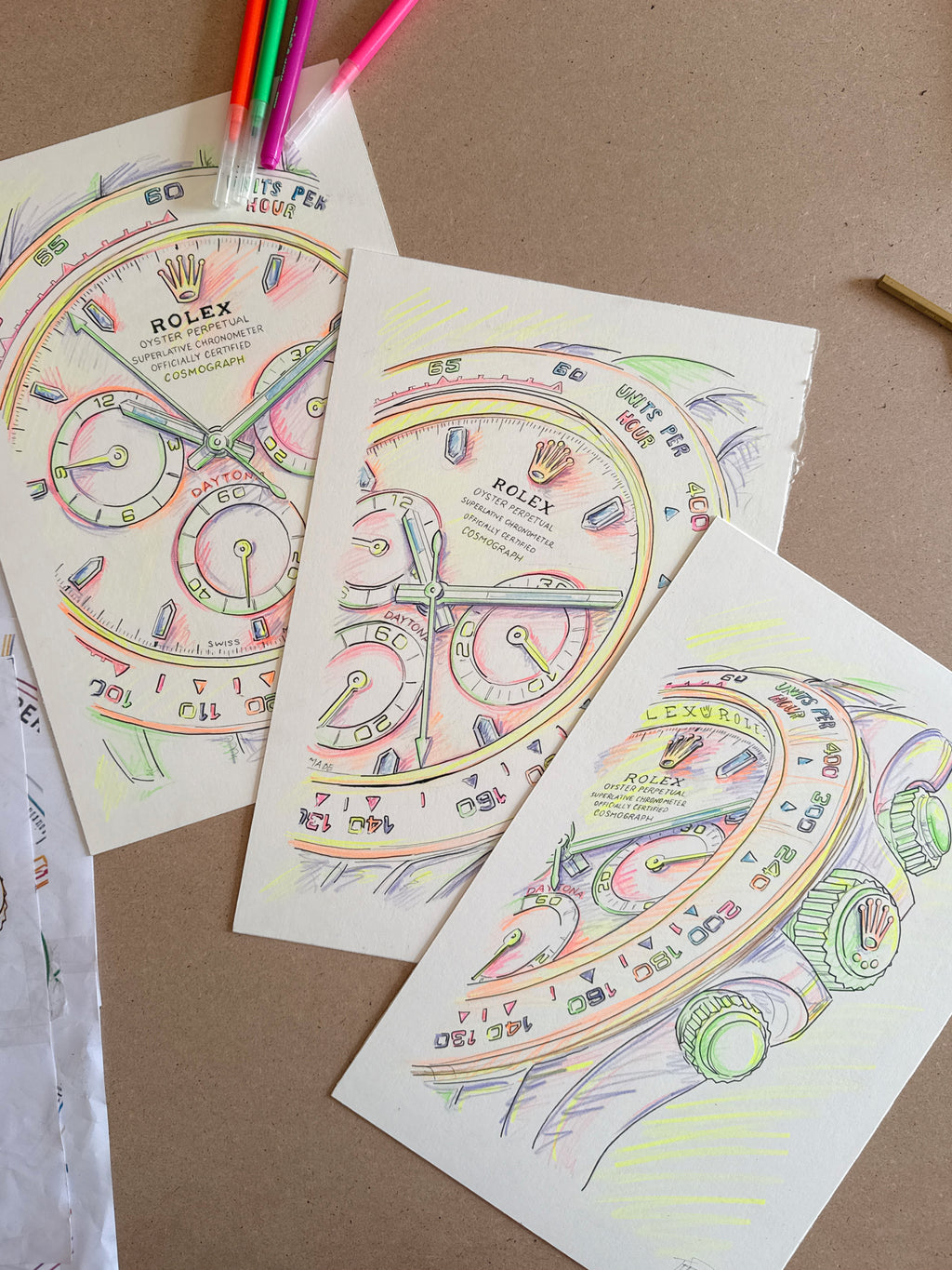 Neon Time Series — preparatory studies of all three Daytona artworks by Francesca Perona