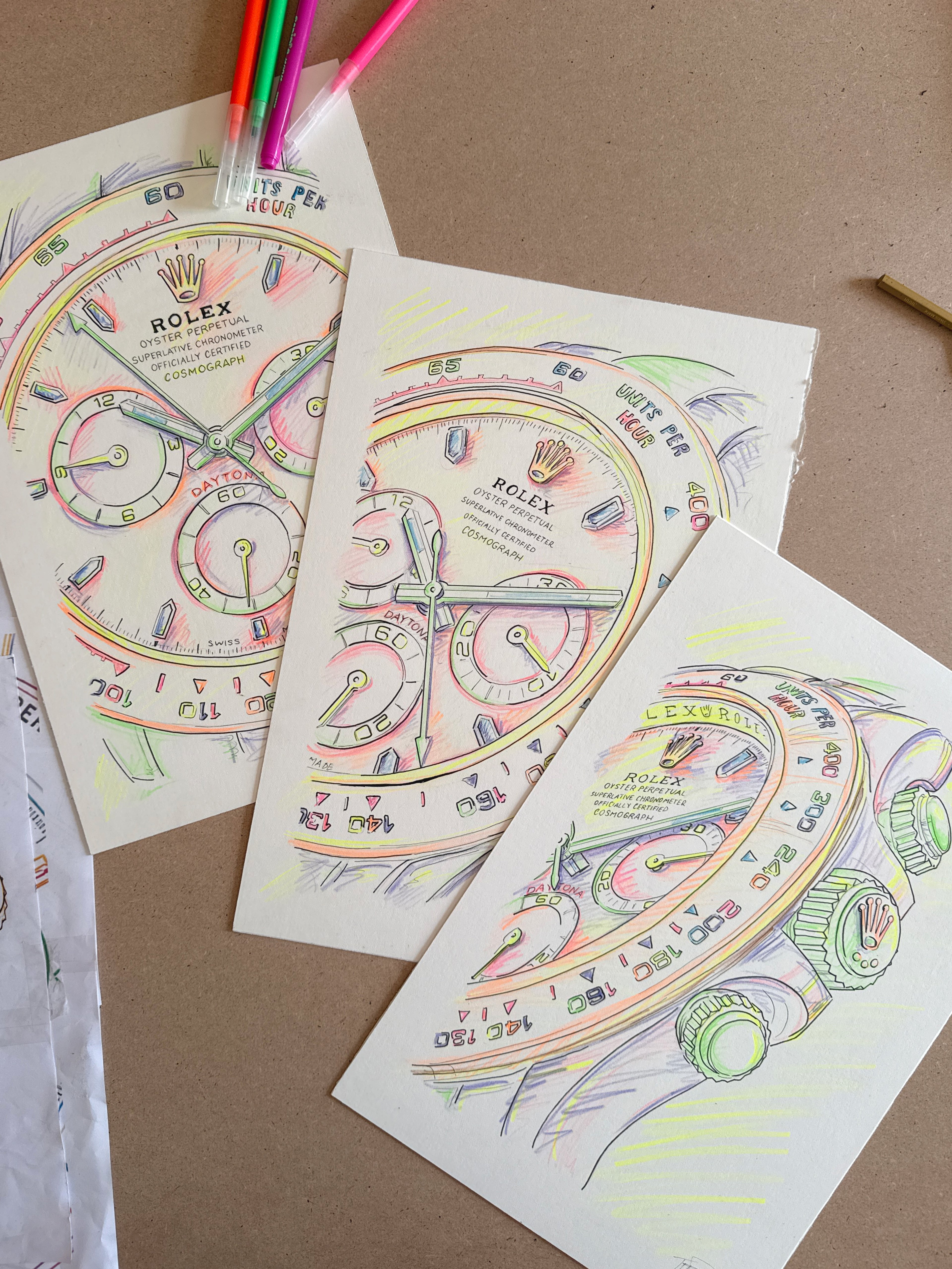 Neon Time Series — preparatory studies of all three Daytona artworks by Francesca Perona