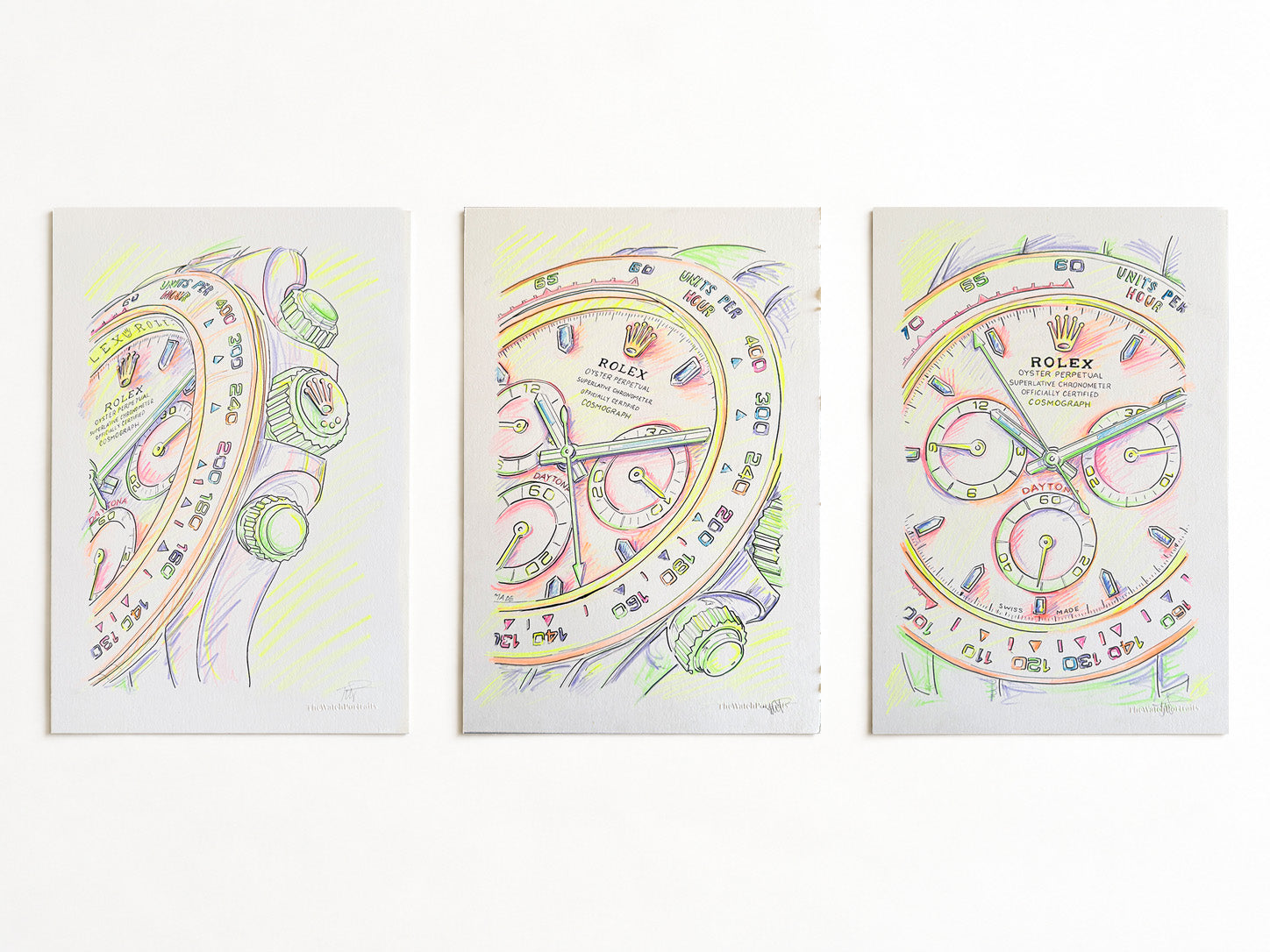 Neon Time Series — original Rolex Daytona artworks in ink and neon colored pencil by Francesca Perona
